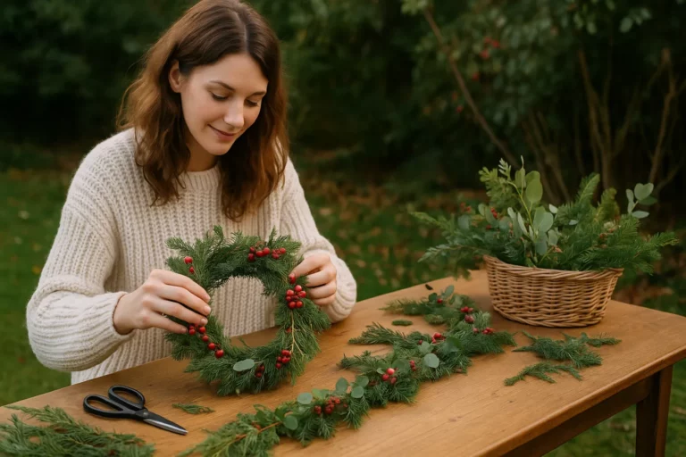 DIY couronne et guirlandes de Noël 100 % potager avec branches, baies et feuillages du jardin