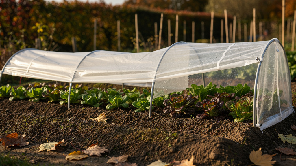 Planche de salades d'automne protégée d'un côté par un voile de forçage sur arceaux, de l'autre par un mini-tunnel en film transparent entrouvert