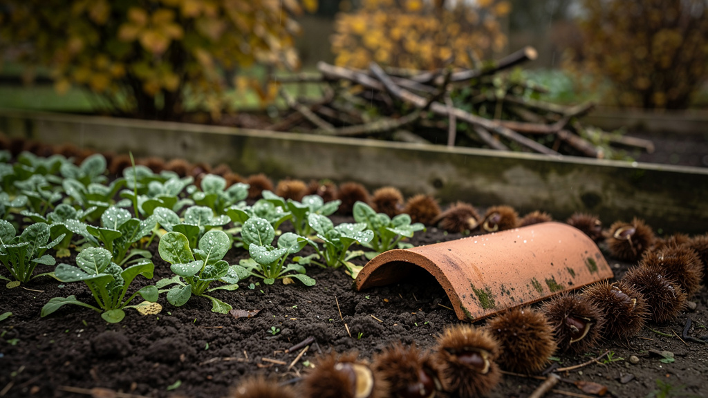 Jeune semis de mâche humide en automne, avec tuile-piège posée au sol et cordon de bogues de châtaignes en bordure.
