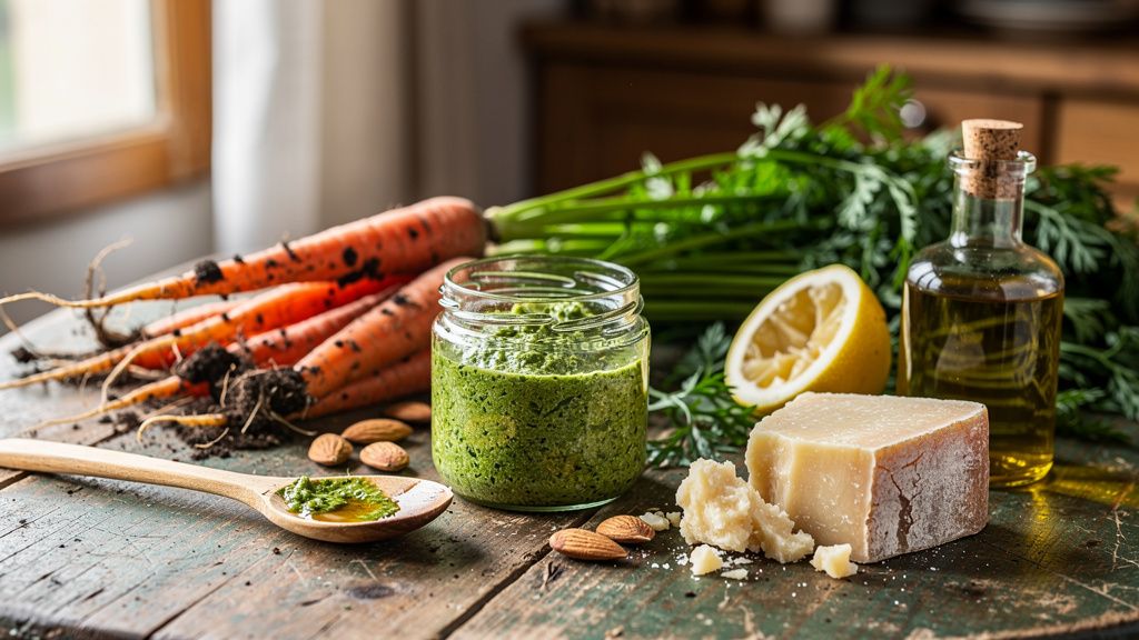 Bocal de pesto de fanes de carottes sur une table en bois, entouré de carottes fraîches avec leurs fanes, amandes et parmesan.