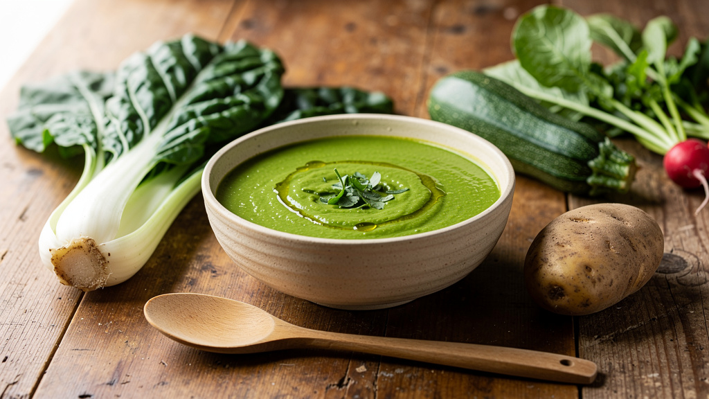Bol de soupe de légumes verts d'un vert vif posé sur une table en bois, entouré de blettes, fanes de radis et courgette du potager.