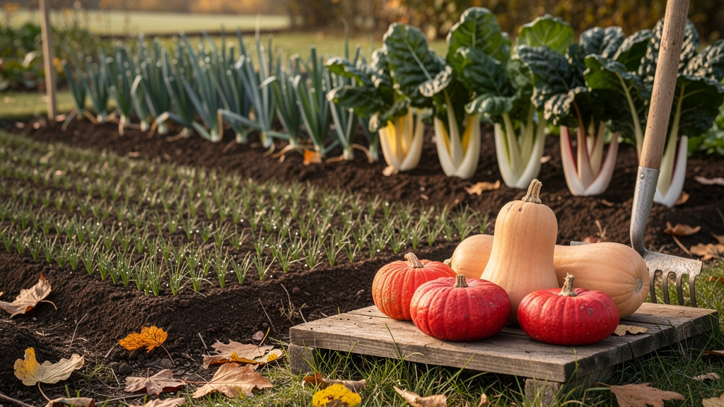 Courges en ressuyage sur une planche en bois devant des planches de potager semées d'engrais vert, par une matinée de fin septembre
