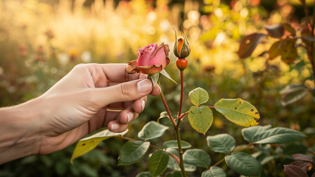 Main retirant une fleur de rosier fanée près de cynorhodons rougissants en fin d'été