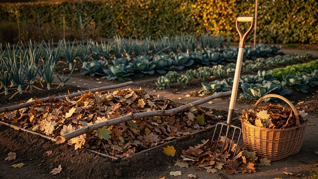 Planche de potager vide recouverte d'une couche de feuilles mortes maintenues par des branches, en septembre