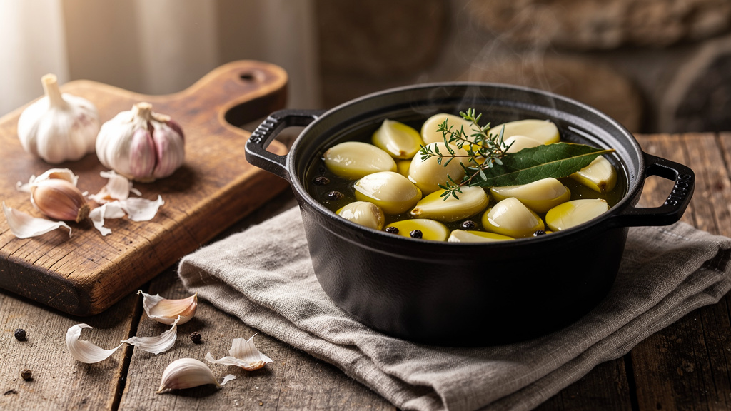 Gousses d'ail épluchées confites dans l'huile d'olive au thym, dans une petite cocotte en fonte