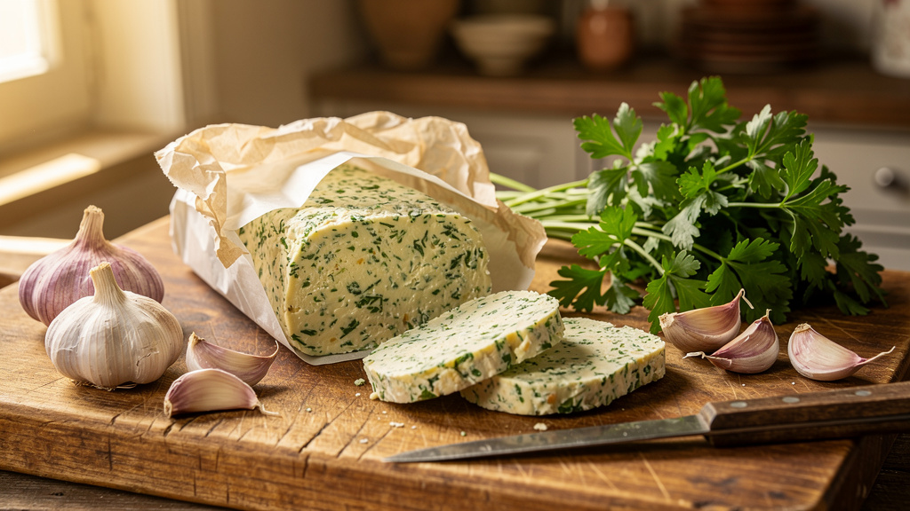 Boudin de beurre à l'ail et aux herbes coupé en rondelles sur une planche en bois, entouré de têtes d'ail sec et de persil frais