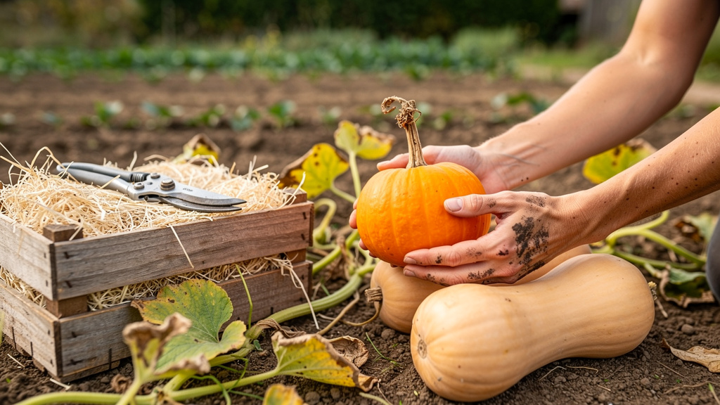 Mains tenant un potimarron au pédoncule sec au-dessus d'une cagette, dans un potager de septembre au feuillage jauni
