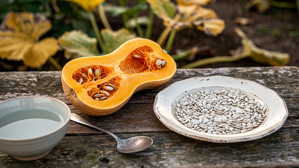 Courge butternut coupée en deux et graines étalées à sécher sur une assiette, sur une table de jardin en automne