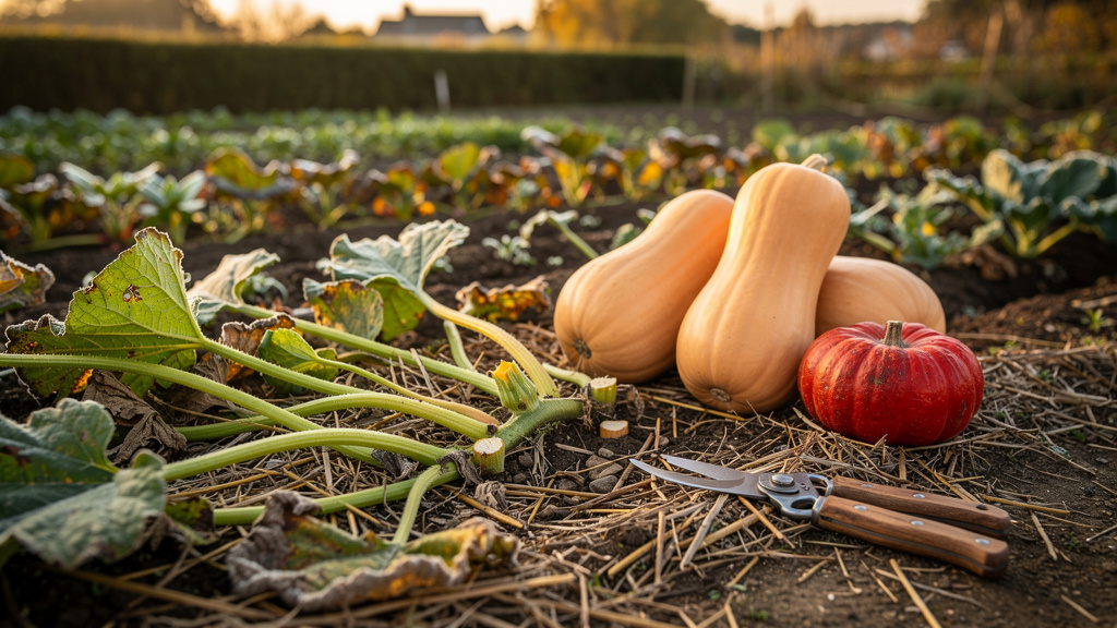 Tiges de courges coupées en fragments étalées sur une planche de potager, avec courges récoltées et sécateur posés au sol