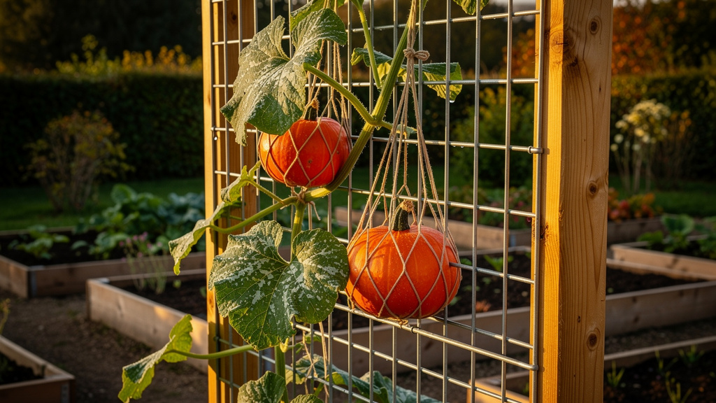 Potimarrons orange suspendus dans des filets sur un panneau de treillis soudé fixé à des poteaux de bois, dans un potager en septembre