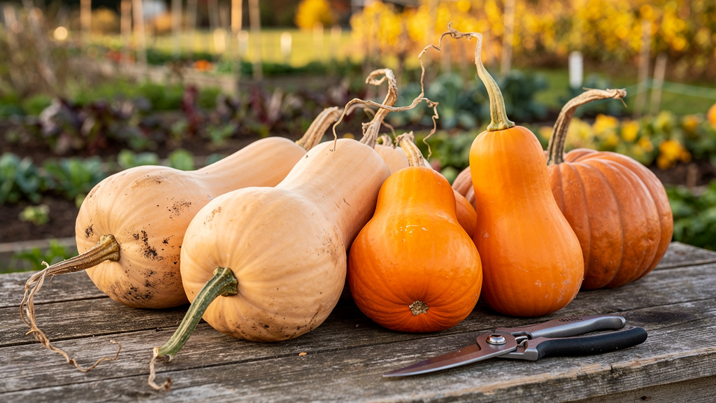 Courges d'automne récoltées, butternuts et potimarrons aux pédoncules secs, posées sur une table en bois devant un potager