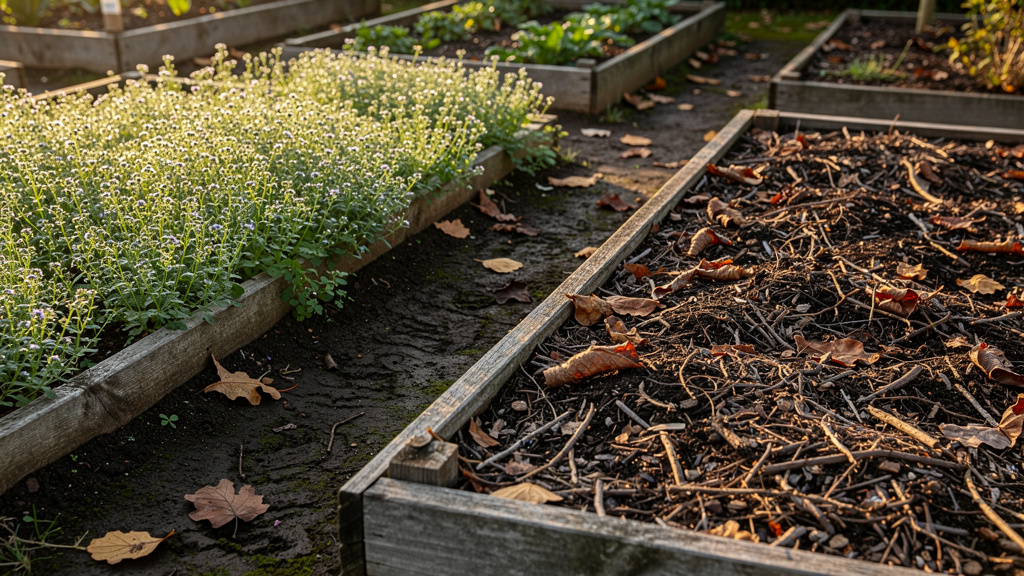 Planche de potager paillée de feuilles mortes à côté d'une planche semée d'engrais vert en automne