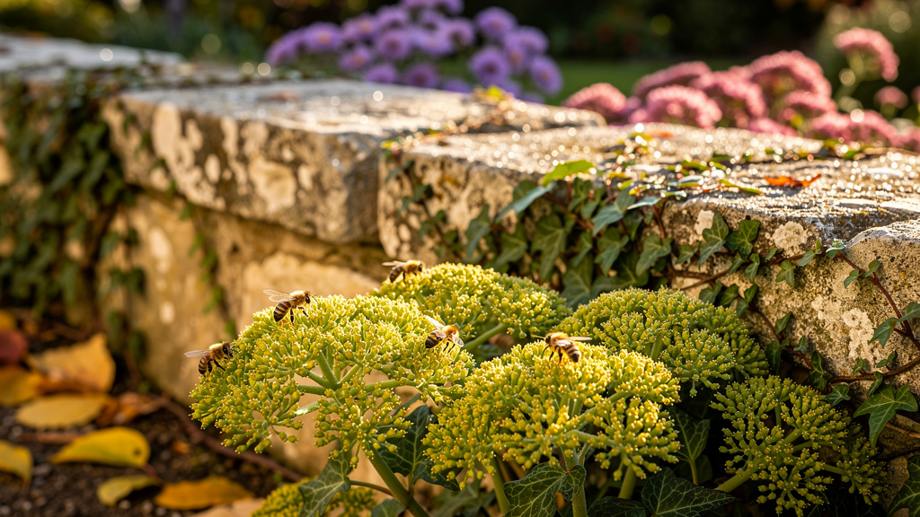 Abeilles butinant les fleurs vert-jaune d'un lierre adulte sur un mur de pierre, devant un massif d'asters en automne