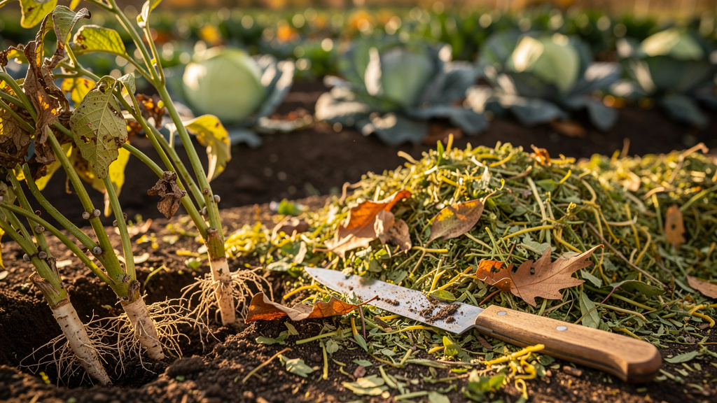 Pieds de haricots coupés au ras du sol dans une planche de potager, racines laissées en terre avec fanes hachées en paillage