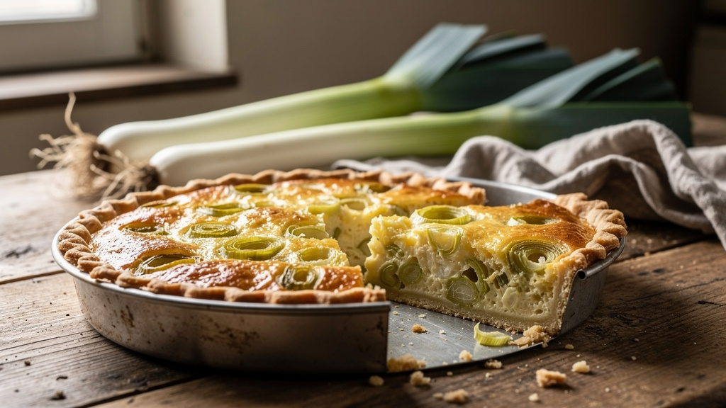 Quiche aux poireaux dorée avec une part coupée, posée sur une table en bois à côté de poireaux fraîchement récoltés