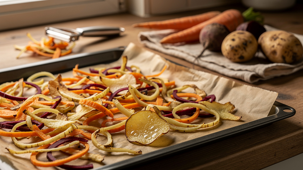 Chips d'épluchures de pommes de terre, carottes, panais et betteraves dorées sur une plaque de four