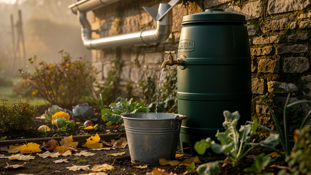 Récupérateur d'eau de pluie vidé par son robinet dans un jardin d'automne, feuilles mortes au sol