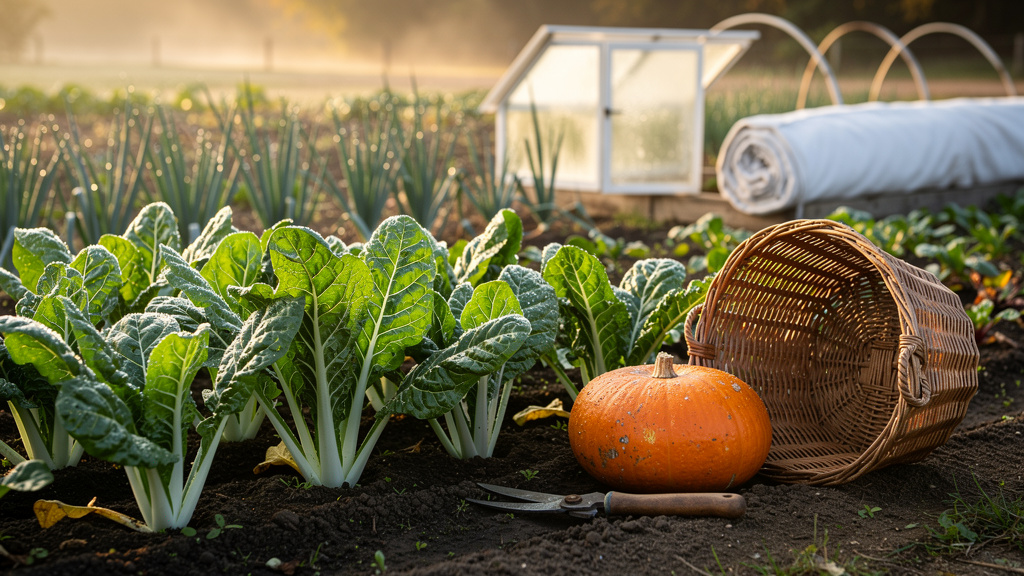 Planche de blettes et potimarron récolté dans un potager au petit matin de fin septembre, avec châssis et rangs de poireaux en arrière-plan
