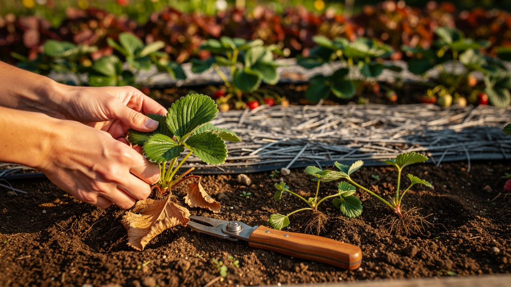 Mains retirant les feuilles mortes à la base d'un pied de fraisier dans un potager en automne, stolons et sécateur posés à côté
