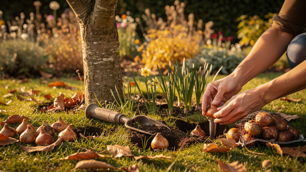 Mains plantant des bulbes de narcisses au plantoir au pied d'un arbre en automne