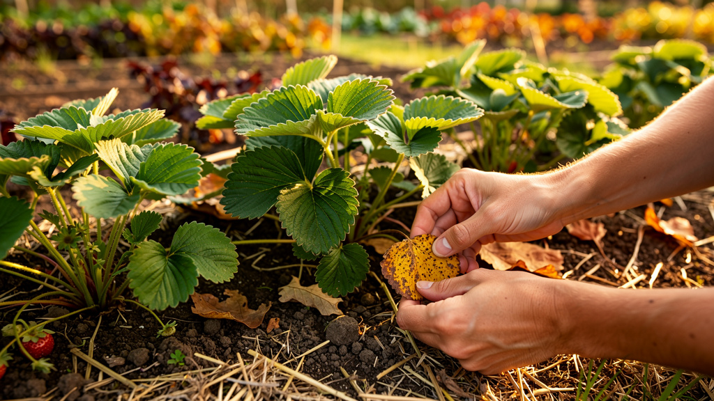 Jardinier retirant une vieille feuille de fraisier tachée au ras du sol dans une planche de fraisiers en fin d'été